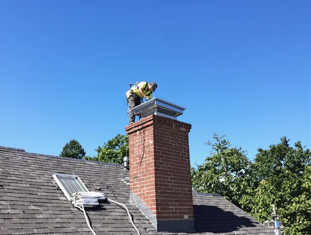 Plymouth Chimney Sweep technician measuring a chimney cap in Plymouth, CT